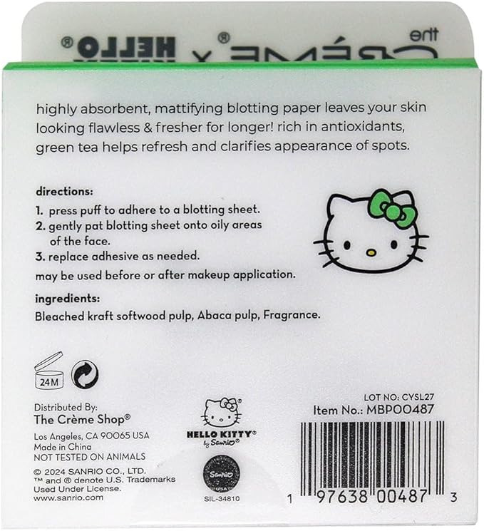 The Crème Shop x Hello Kitty Matcha Blotting Papers + Reusable Compact Mirror - Hello Kitty Collaboration for Oil Control and On-the-Go Touch-ups (Matcha Color Ribbon)-FemmiqueWomen
