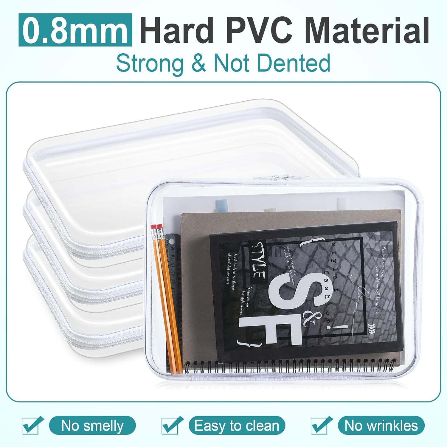 Sanwuta 6 Pcs Clear Hard Zipper Case Pencil Pouches Hard Plastic Zipper Pouches Makeup Bag Transparent Cases for Snacks Plastic Storage Organizer Box for Travel(White,12.6 x 9 x 2 Inch)-FemmiqueWomen