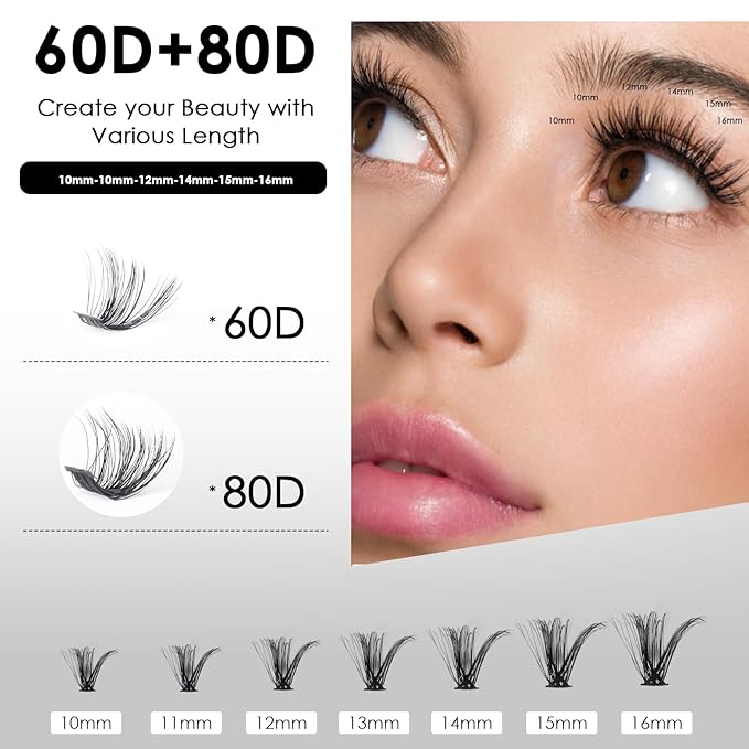 DIY Lash Extensions Kit 320pcs Individual Lashes Clusters 60D 80D D Curl Eyelash Extension Kit with Applicator and Lash Bond&Seal,Clusters Lash Glue Remover For False Eyelash Mix 10-16mm (60D+80D KIT)-FemmiqueWomen