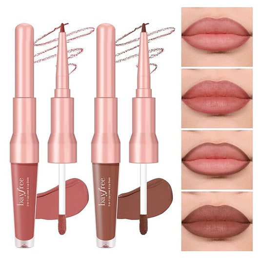 2 PCS Lip Liner and Lip Stain Combo Set, High Pigmented Long Lasting Velvet Lip Tint, Well-Defined Lipliner, Weightless Waterproof Not Animal Tested, Matte Finish Makeup-FemmiqueWomen