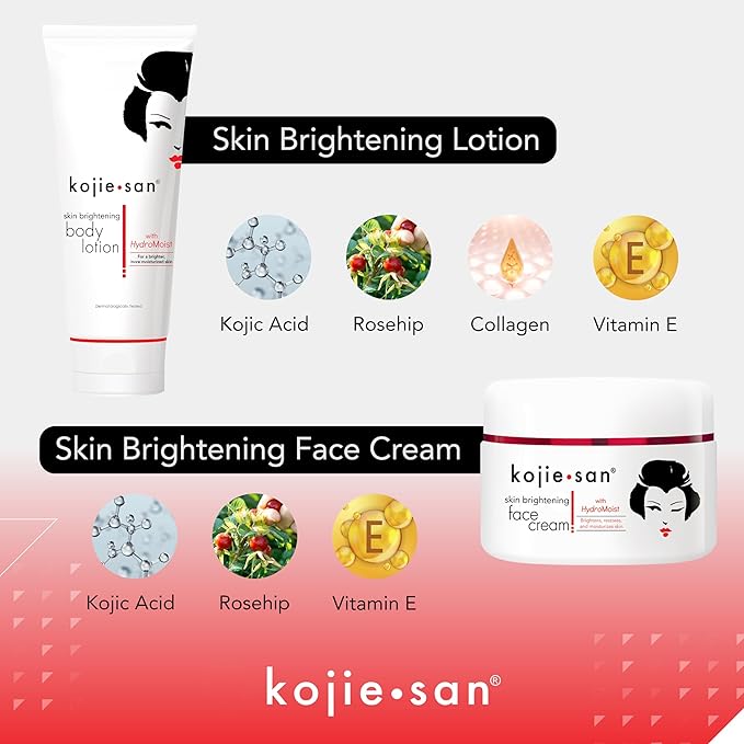 Kojie San Face & Body Complete Brightening Mini Set - 65 Gram x 2 Bars Soap, Body Lotion, Face Cream, and Facial Cleansing Brush-FemmiqueWomen