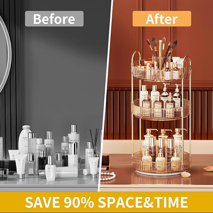 360° Rotating Makeup Organizer, Large-Capacity Skincare Make Up Storage 3 Tier Perfume Organizers Cosmetic Dresser Organizer with Makeup Brush Holder, Fits Bedroom, Bathroom, Vanity Shelf Countertop-FemmiqueWomen