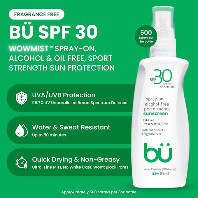 BU SPF 30 Sunscreen Spray for Face and Body, Fragrance Free, TSA Travel Size Sunscreen, Clear, Non Greasy, Water Resistant, for Sensitive Skin, 3.3 oz (3 Pack)-FemmiqueWomen