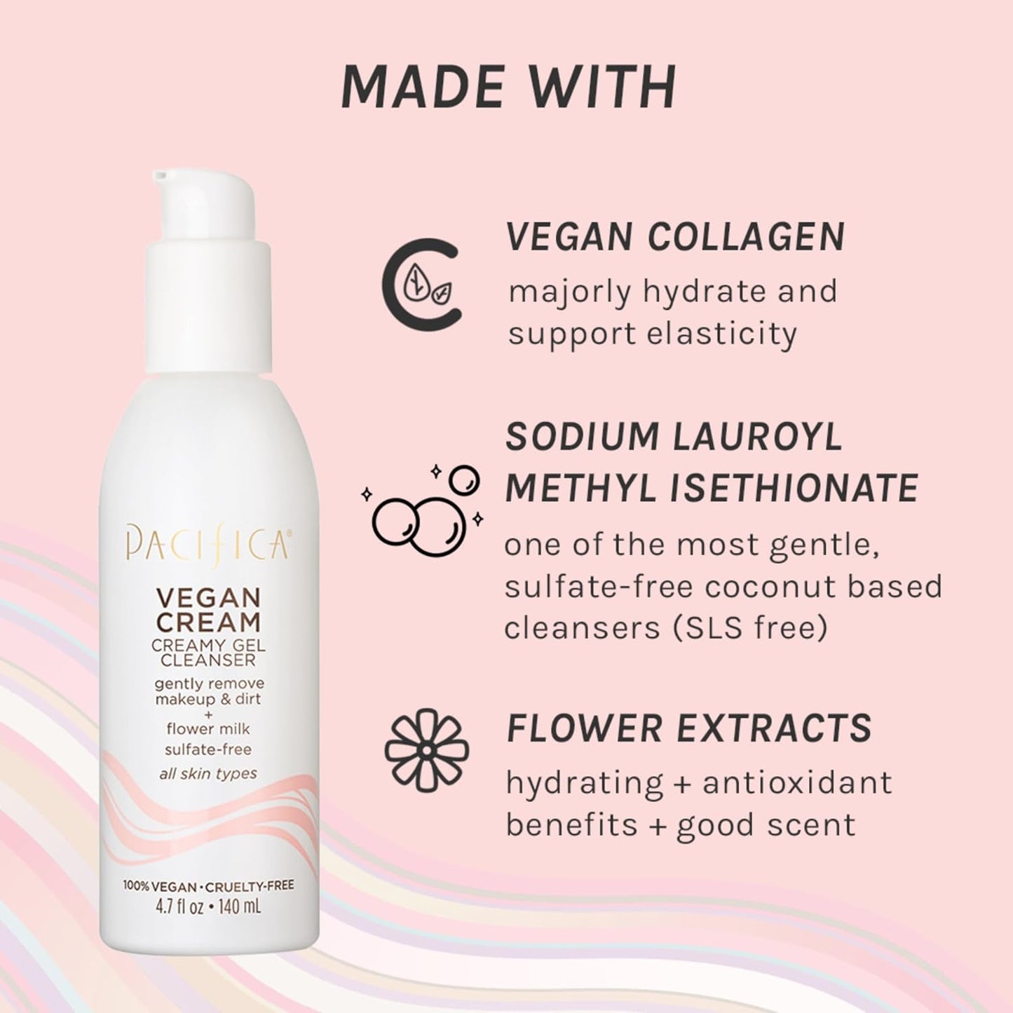 Pacifica Vegan Collagen Cream Gel Facial Cleanser - Daily Foaming Face Wash & Makeup Remover, Hydrating Anti-Aging Face Wash for Dry & Sensitive Skin, 4.7oz-FemmiqueWomen