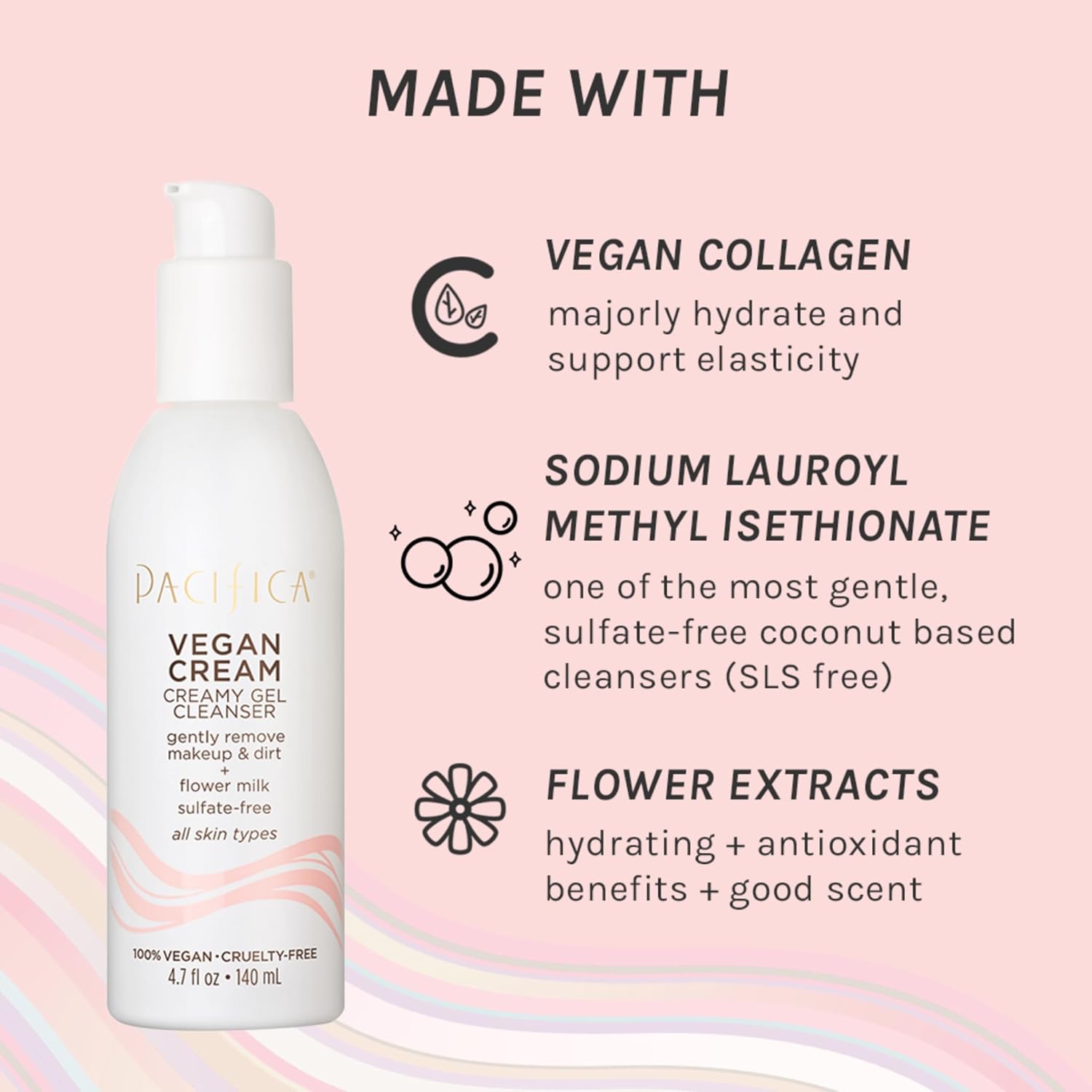 Pacifica Vegan Collagen Cream Gel Facial Cleanser - Daily Foaming Face Wash & Makeup Remover, Hydrating Anti-Aging Face Wash for Dry & Sensitive Skin, 4.7oz-FemmiqueWomen