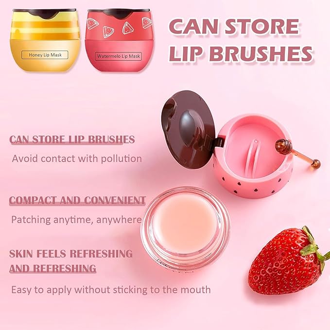 2 PCS Bee Lip Balm Honey Pot, Strawberry & Watermelon Lip Sleeping Masks Overnight, Hydrating Prevention Dry and Cracked Lip Scrubs Exfoliator Lip Care, Reduces Lip Lines-FemmiqueWomen