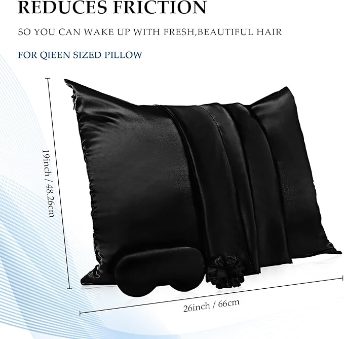 2 Pack Satin Pillowcase with Latent Zipper, Adjustable Satin Eye Mask for Sleeping and Satin Volume Scrunchie for Hair and Skin, Standard Size (Classic Style, Black)-FemmiqueWomen
