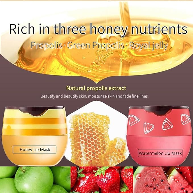 3 PCS Bee Lip Balm Honey Pot, Honey&Strawberry&Watermelon Lip Sleeping Mask Hydrating Prevention Dry and Cracked Lip Scrubs Exfoliator Lip Care, Overnight Lip Mask Reduces Lip Lines-FemmiqueWomen