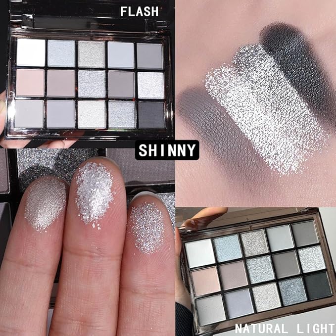 15 Colors Black Gray Silver Matte Shimmer Eyeshadow Palette for Eye Makeup,High Pigmented Brown White Eye Shadow Primers Powder Palet de sombras de ojos-FemmiqueWomen