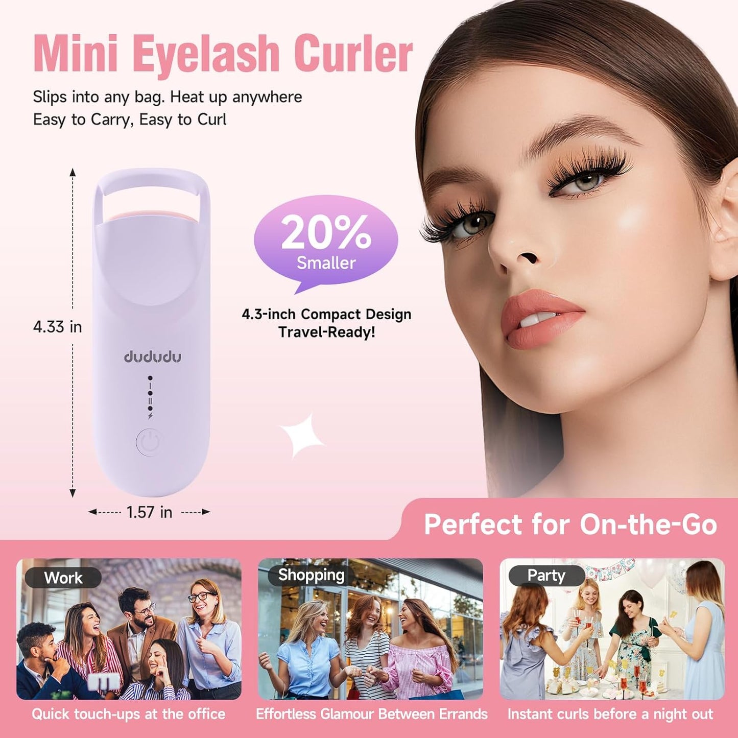 DUDUDU Heated Eyelash Curler, Portable Travel-Size Mini Electric Heated Lash Curler - 2-Level Adjustable Temp & Type-C Recharge, 10S Heat 3S Style 24H Lift for Long-Lasting Natural Effortless Curves-FemmiqueWomen