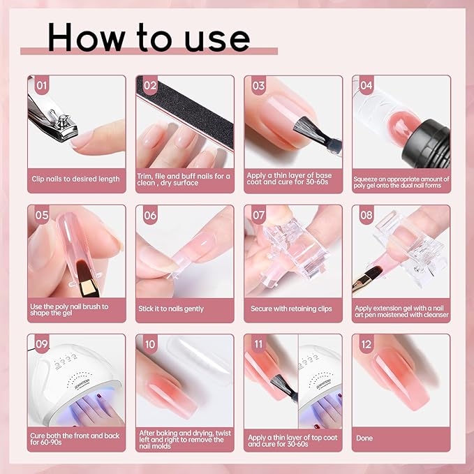 JEWHITENY 14 Colors Poly Extension Gel Nail Kit With U V Lamp Nude Pink White Brown All In One Poly Gel Starter Kit With Base Top Coat Manicure Salon Frence Nail Art DIY-FemmiqueWomen