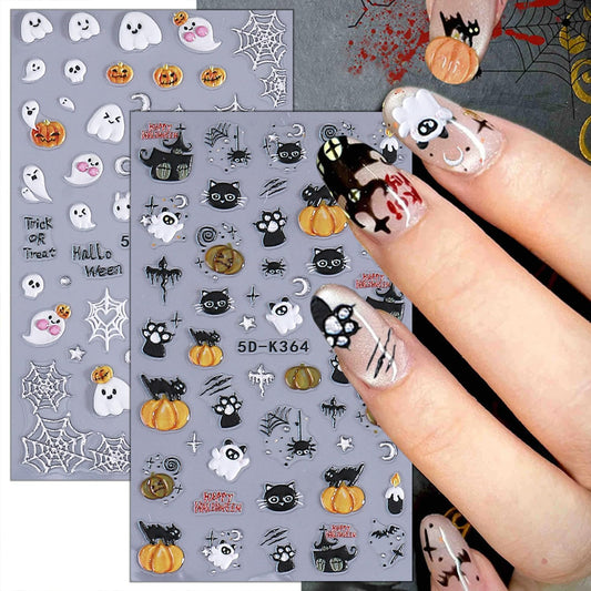 2 Sheets Halloween Nail Stickers for Nail Art 5D Spider Web Nail Art Stickers Embossed Ghost Pumpkin Nail Decals Self-Adhesive Horror Black Cat Nail Design Decals for Women Party Nails Supplies-FemmiqueWomen