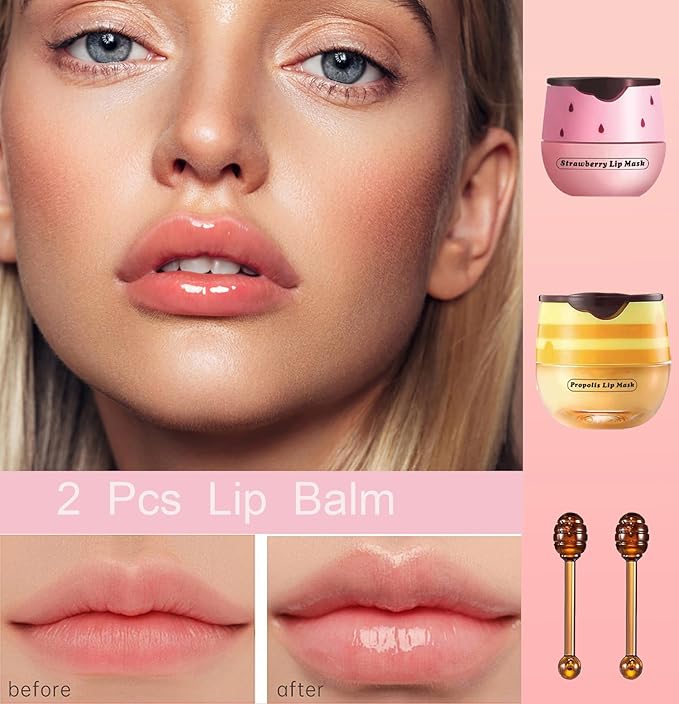 2 PCS Bee Lip Balm Honey Pot, Honey Strawberry Bee Lip Balm Sleeping Lip Mask Overnight with Sticks, Honey Pot Lip Balm Hydrating Exfoliating Prevention Dry and Crack Lip Scrubs-FemmiqueWomen