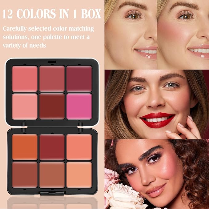 12 Colors Cream [Blush] Makeup Palette for Cheeks - Multi-functional Blush Makeup Palette with Brush, Natural Matte Long Wearing, Waterproof Blendable Face Makeup Palette (#01)-FemmiqueWomen