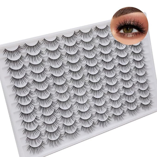 False Eyelashes 48 Pairs Faux Mink Lashes 14mm Wispy Lashes 3D Fluffy Cat Eye Lashes Pack Bulk Wholesale Strip Lashes(style 48-020)-FemmiqueWomen