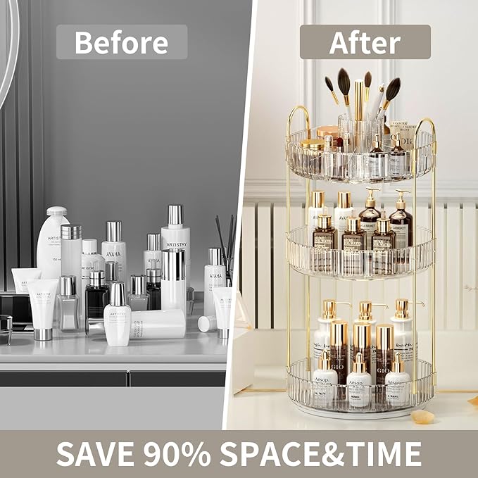 360° Rotating Makeup Organizer, Large-Capacity Skincare Make Up Storage 3 Tier Perfume Organizers Cosmetic Dresser Organizer with Makeup Brush Holder, Fits Bedroom, Bathroom, Vanity Shelf Countertop-FemmiqueWomen