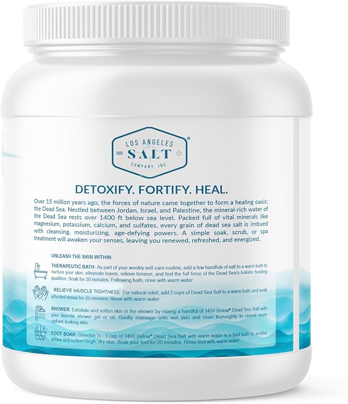 1400 Below 5 Lbs Jar Dead Sea Salt, Fine Grain - Foot and Spa Bath Soak, Exfoliating Body Scrub, 100% Pure and Mineral-Rich, Highest Mineral Content – Natural Muscle Tension Relief-FemmiqueWomen