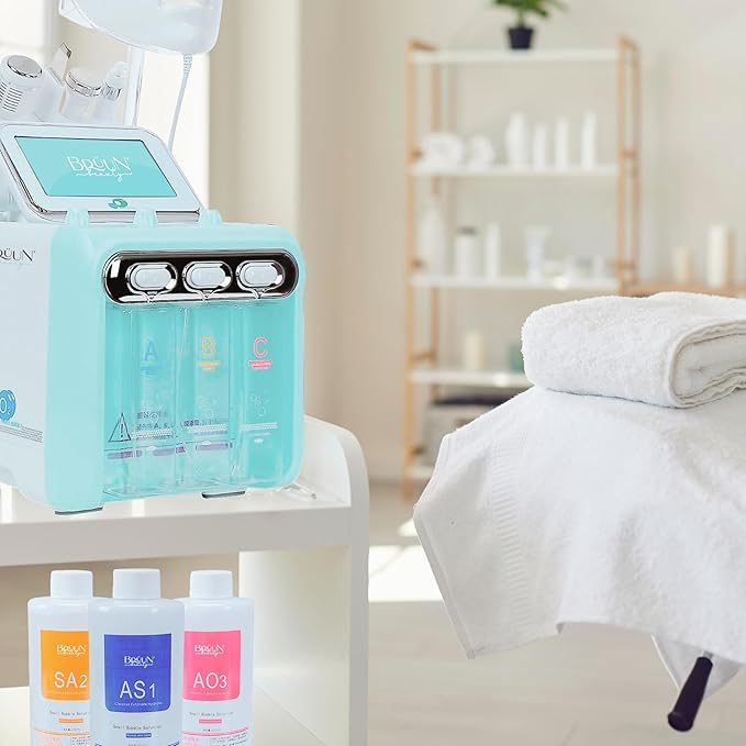 BRÜUN Hydrogen Oxygen Facial Machine Serums for Facial Cleansing – A Pack of 400ml 3 Aqua Peeling Solution AS1, SA2, and AO3 –Skin Care Hydra Solution for Vacuum face Cleaning Jet for Home and Spa-FemmiqueWomen