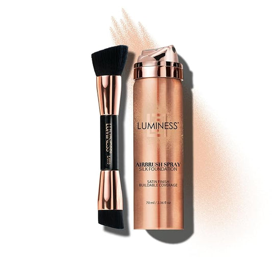 LUMINESS Silk Airbrush Spray Foundation & Buffing Brush Kit – Full Coverage Foundation & Dual-Sided Buffing Brush - Buildable Coverage, Anti-Aging Formula Hydrates & Moisturizes - Neutral Fair-FemmiqueWomen