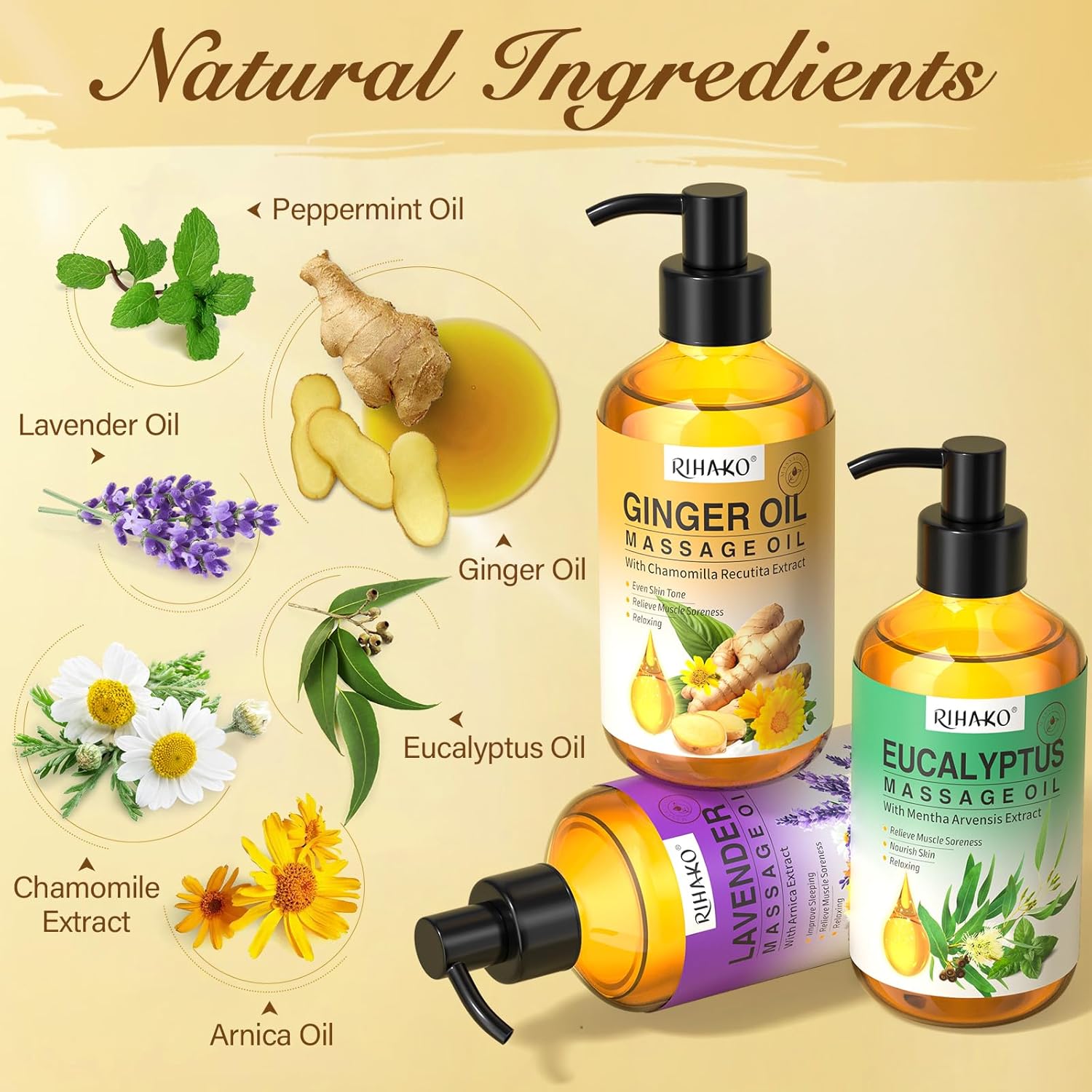 3 Pack Massage Oil for Massage Therapy,Ginger for Lymphatic Drainage, Lavender for Relaxation, Eucalyptus Mint for Muscle Relief | Massage Therapy & Date Night Spa Gift with Massage Ball for Him & Her-FemmiqueWomen