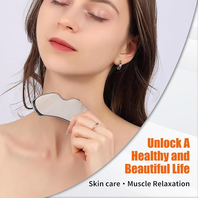 2Pcs Stainless Steel Gua Sha Facial Tools Set, Metal Face Comb Detail Skin Care Tools, Body and Face Gua Sha Sculpting for Tighten Skin Lymphatic Drainage-FemmiqueWomen