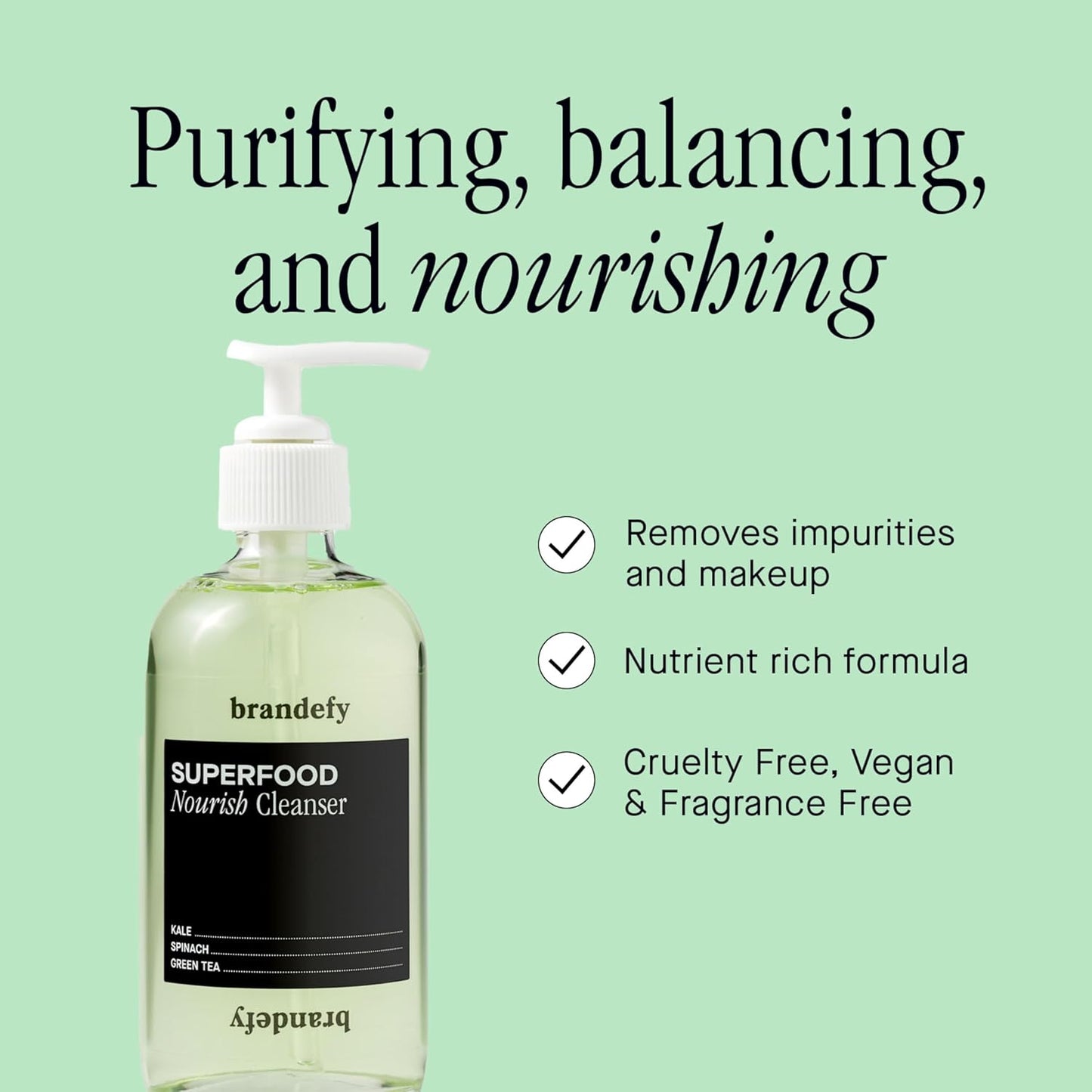 Brandefy Superfood Face Wash, Gentle & pH Balanced Cleanser w/Kale, Green Tea, Spinach, Vitamin C, E, K2- Softens & Nourishes Skin, Organic Facial Cleanser for All Skin Types (8 Fl Oz)-FemmiqueWomen