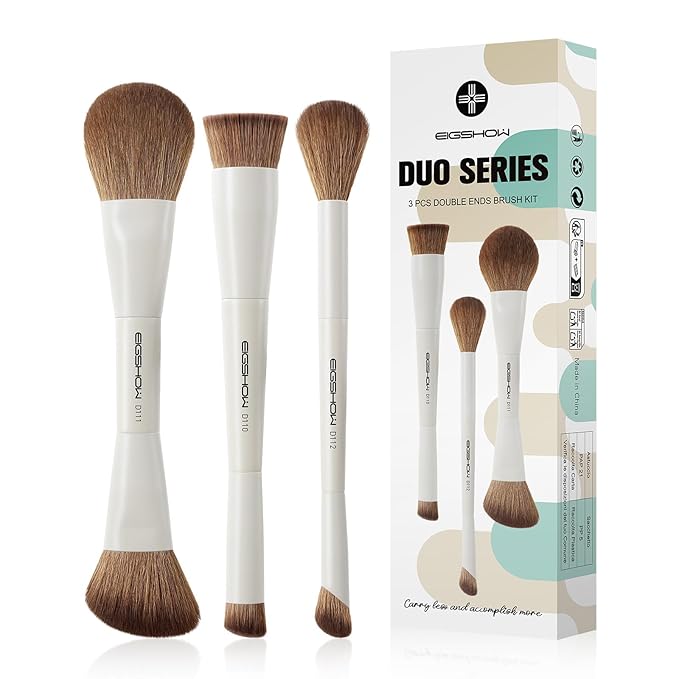 EIGSHOW Makeup Brush Set, 3Pcs Double Ended Face Makeup Brushes for Foundation Powder Contour Highlight Concealer Nose Shadow, Travel Gift Set (Beige)-FemmiqueWomen