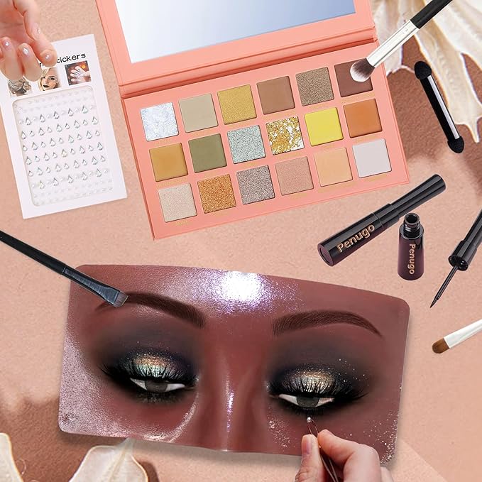 Silicone Makeup Mannequin Face, Makeup Practice Face Board for Makeup Artist Supplies, Mannequin Face for Makeup Practice with Makeup Brushes Rhinestones Sticker(Black)-FemmiqueWomen