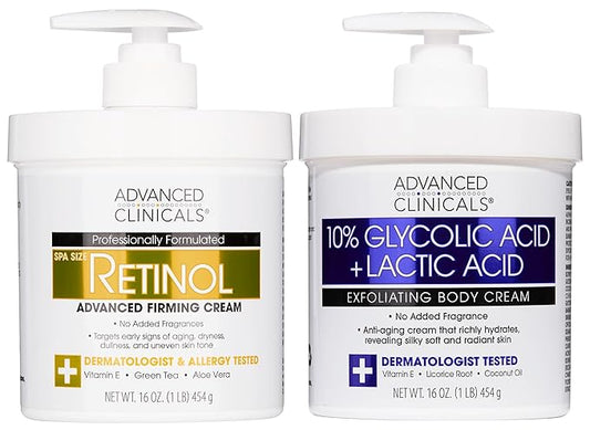 Advanced Clinicals Retinol Body Cream Moisturizer + Exfoliating 10% Glycolic Acid & Lactic Acid Lotion 2PC Skincare Set For Women & Men To Reduce Appearance Of Crepey Skin & Uneven Rough Skin Texture-FemmiqueWomen