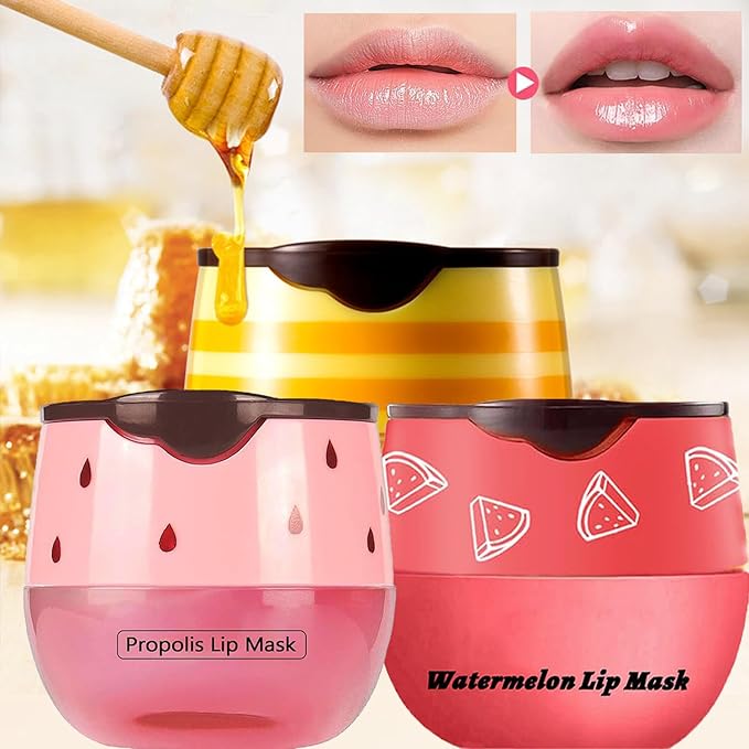 2 PCS Bee Lip Balm Honey Pot, Watermelon & Strawberry Sleeping Lip Mask Overnight, Hydrating Prevention Dry and Cracked Lip Scrub, Reduces Lip Lines, Brightening Lip Color-FemmiqueWomen