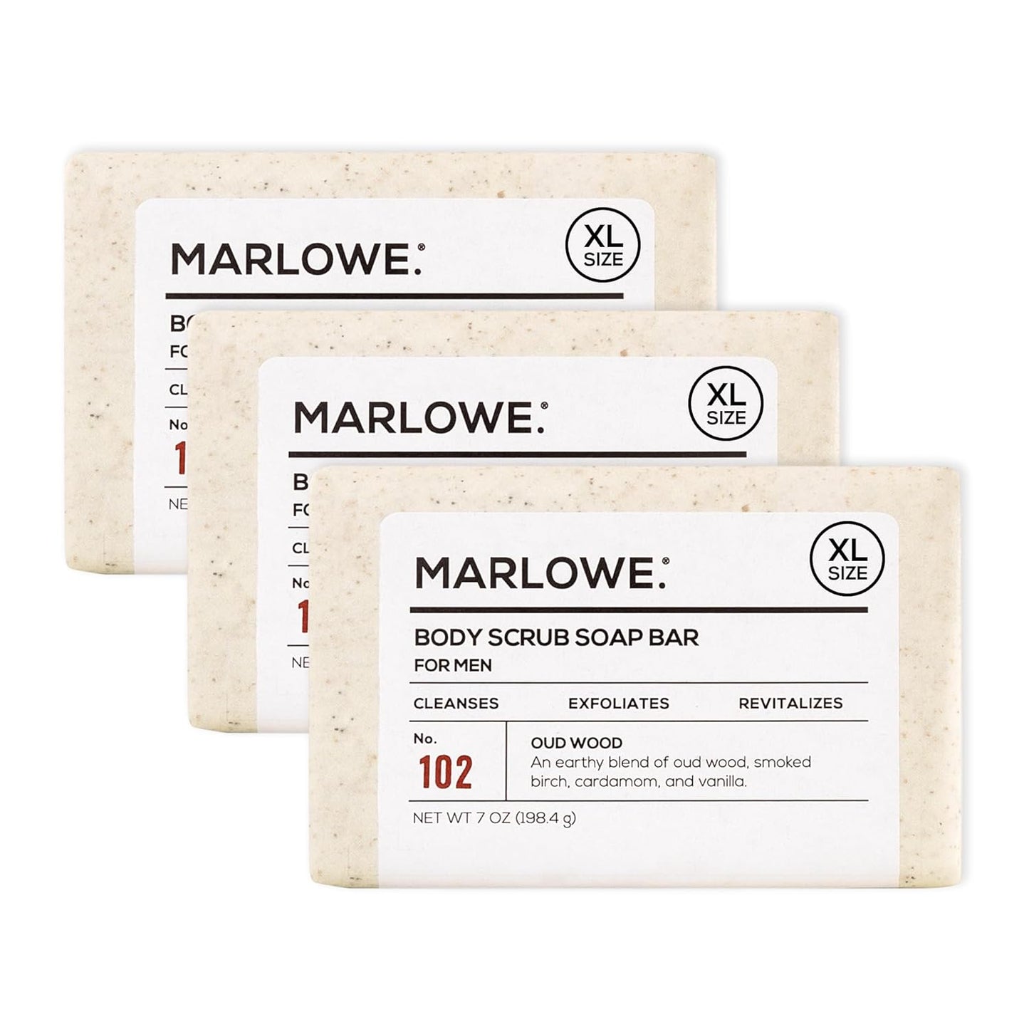 MARLOWE. No. 102 Body Scrub Soap 7 oz (3 Bars), Oud Wood, Exfoliating Soap Bar with Shea Butter, Olive Oil & Green Tea Extracts, Cleanses, Smooths & Revitalizes Skin, Earthy & Smoky Scent-FemmiqueWomen