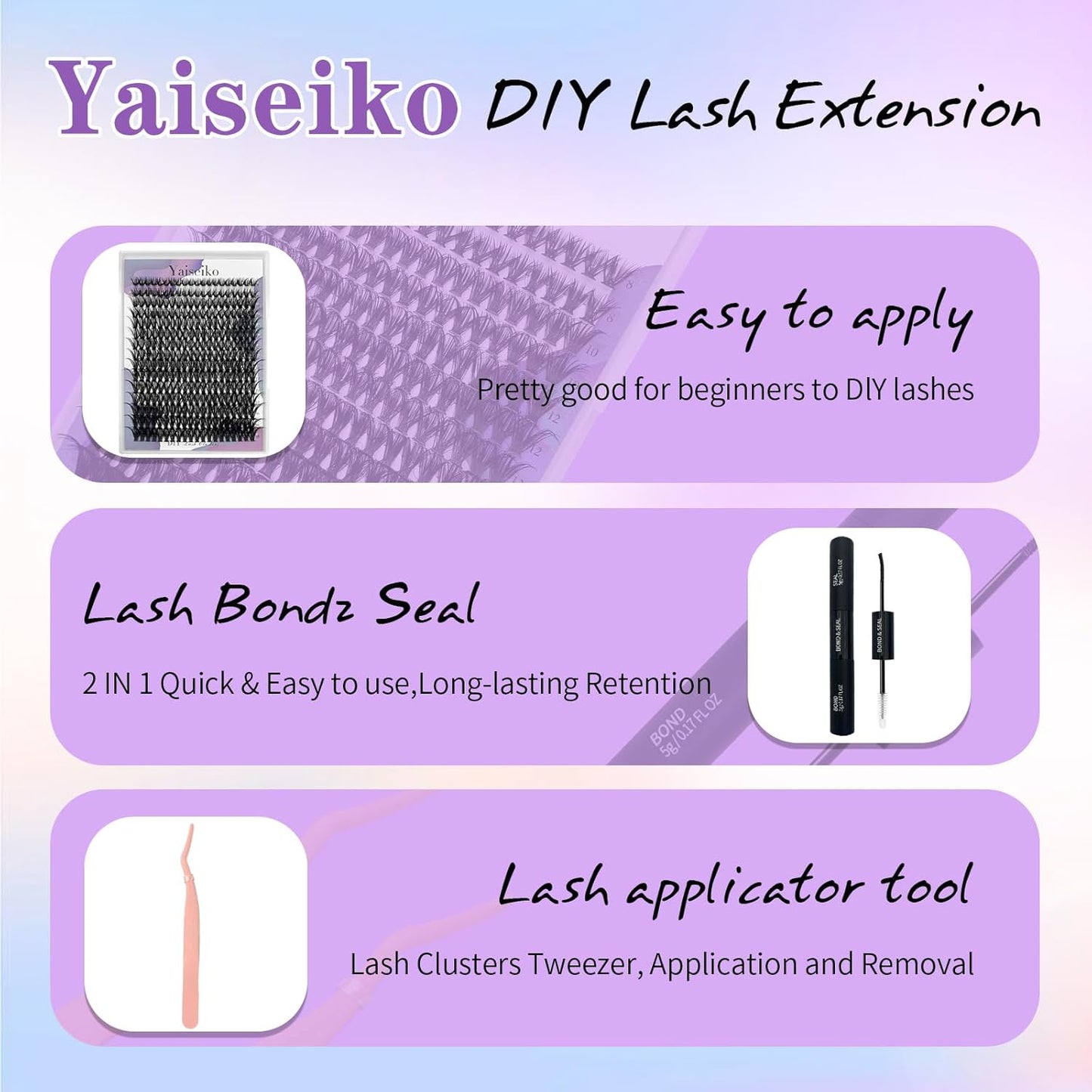 Lash Extension Kit 50D Fluffy Cluster Eyelash Extensions Kit 300 Pcs DIY Individual Lashes Kit with Lash Bond and Seal and Lashes Tweezers 8-16mm Mix D Curl Wispy False Eyelashes Pack, by Yaiseiko-FemmiqueWomen