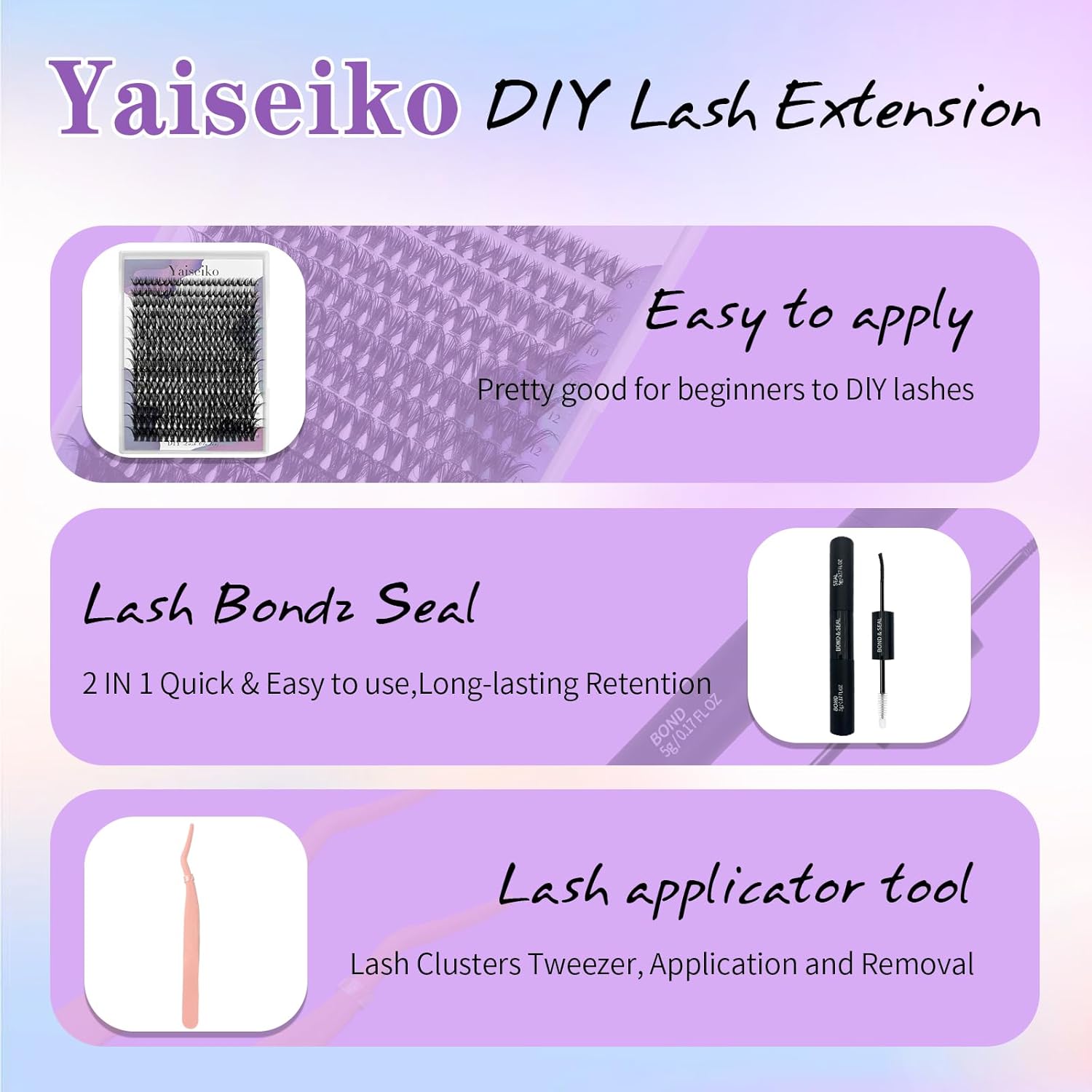 Lash Extension Kit 50D Fluffy Cluster Eyelash Extensions Kit 300 Pcs DIY Individual Lashes Kit with Lash Bond and Seal and Lashes Tweezers 8-16mm Mix D Curl Wispy False Eyelashes Pack, by Yaiseiko-FemmiqueWomen