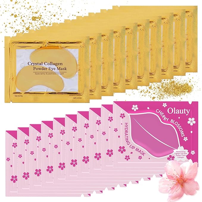 20 Pieces Lip Masks&24K Gold Under Eye Masks,Crystal Collagen Gel Eye Masks,Moisturizing Cherry Blossom Lip Patches Skin Care,Reducing Fine Lines & Dark Circle for Puffy Eyes,Birthday for Women-FemmiqueWomen
