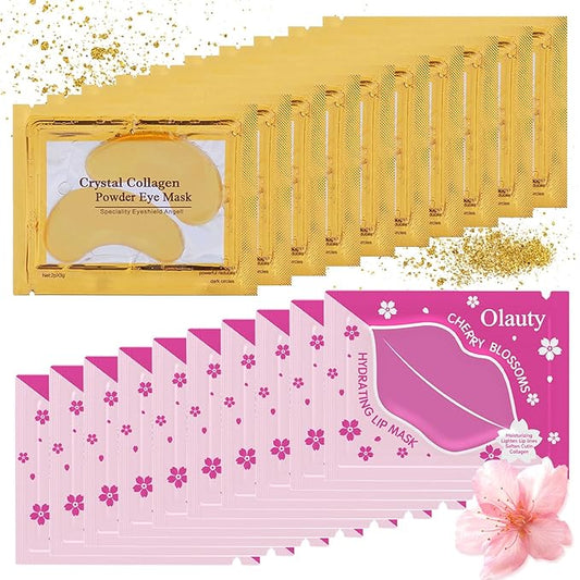20 Pieces Lip Masks&24K Gold Under Eye Masks,Crystal Collagen Gel Eye Masks,Moisturizing Cherry Blossom Lip Patches Skin Care,Reducing Fine Lines & Dark Circle for Puffy Eyes,Birthday for Women-FemmiqueWomen