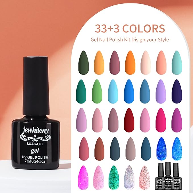 JEWHITENY Gel Nail Polish Kit, 36 Pcs 7ML Soak Off Gel Polish Set Pink Blue Green Yellow Gel Nail Kit Glitter Nail Art Starter Kit Beauty Gifts-FemmiqueWomen