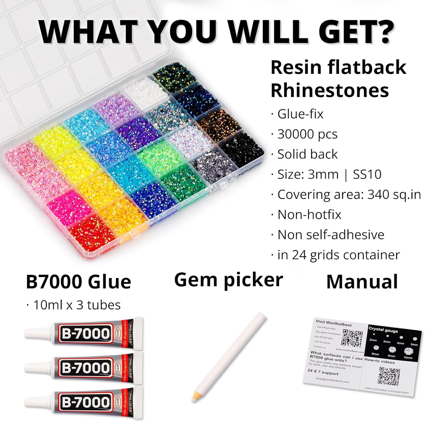 30000Pcs Resin Jelly Rhinestones for Crafting Bedazzling, Multicolor 3mm Flatback Gems for Crafts Clothing Clothes Tumblers Shoes Nails, Flat Back Mixed Color Bulk Bedazzler Kit Jewels with b7000 Glue-FemmiqueWomen