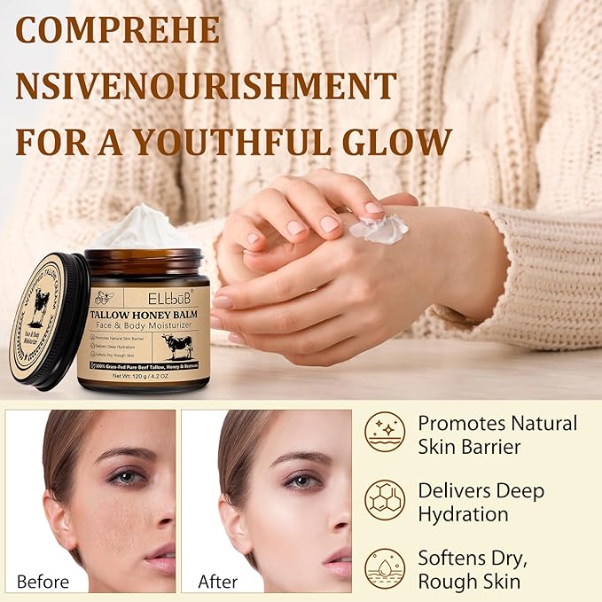 Whipped Tallow Cream for Face & Body - 100% Grass-Fed Beef Tallow, Natural Honey & Beeswax Moisturizer, Deep Hydration & Nourishment, Oil-Free & Unscented, Fast Absorbing-FemmiqueWomen