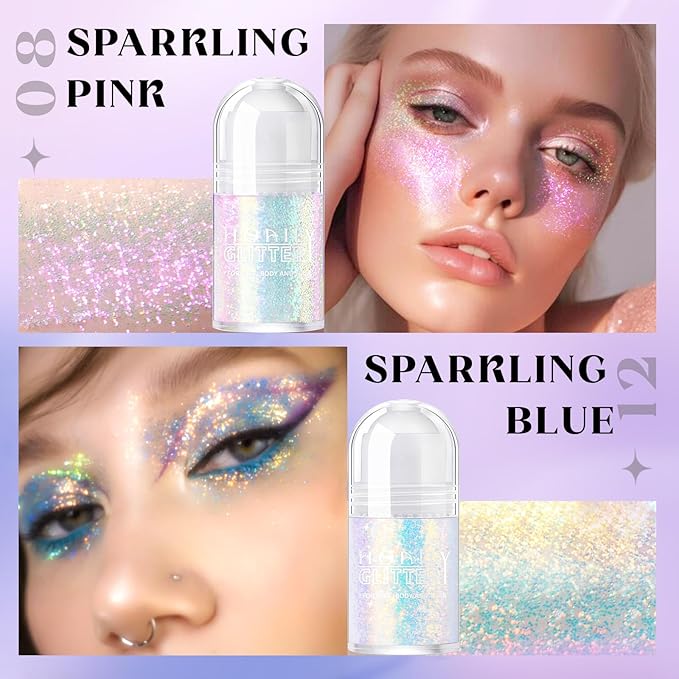 2 Colors Roll-on Body Glitter Gel, Holographic Glitter Gel Under Light for Face Hair, Body Shimmer for Rave Accessories Christmas New Year Halloween Makeup (8+12)-FemmiqueWomen