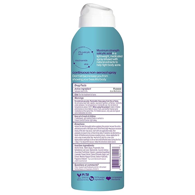 Pacifica Bacne Acne Cleanser Spray - Bacne Warrior - Body Spray for Acne Treatment - w/ 2% Salicylic Acid Niacinamide & Aloe - for Body, Chest & Back Acne for Teens & Adults Vegan Dermatologist Tested-FemmiqueWomen