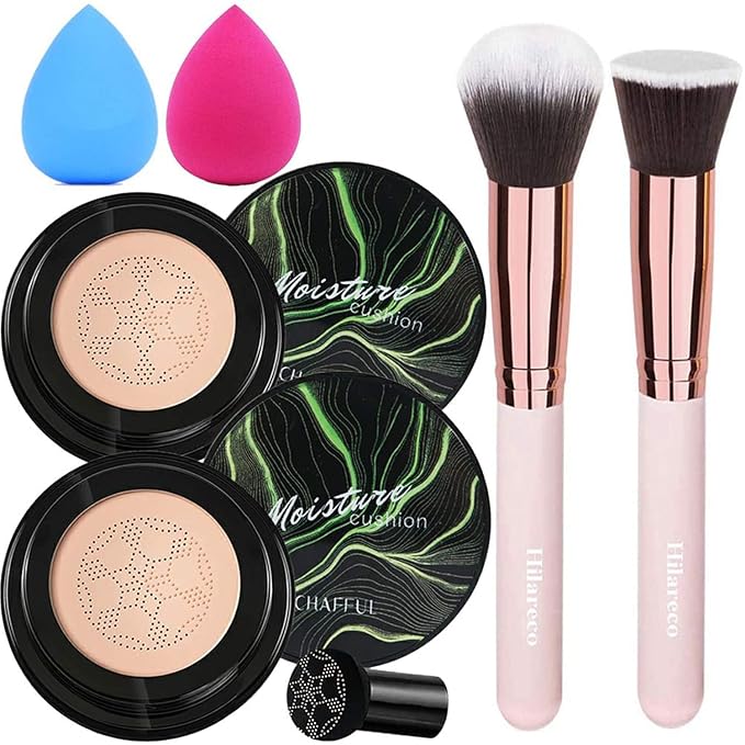 2 PCS Mushroom Head Air Cushion CC Cream Nature Foundation,Foundation Brush Powder Brush,Moisturizing Concealer, Bright Makeup Base Long Lasting with Mushroom Makeup Sponge (2PCS #01 Ivory)-FemmiqueWomen