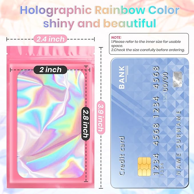 100 Pack Holographic Bags, Resealable Bags Packaging Bag with Clear Window Resealable Odor Foil Pouch for Food Storage, Lipgloss&Jewelry Lash Packaging(Pink, 2.4 x 3.9 Inch)-FemmiqueWomen