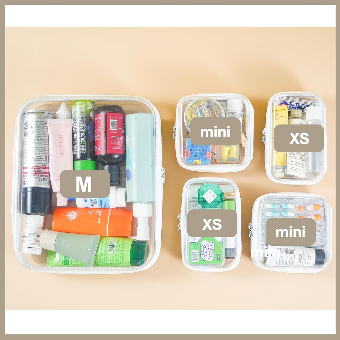 5 pcs Clear Zipper Pouches, Toiletry Bag for Travel, Stackable Waterproof Diaper Bag, Zipper Pouch, Travel Organizer, Clear Cosmetic Bag,Toy Storage Bins (M + 2Mini + 2XS)-FemmiqueWomen