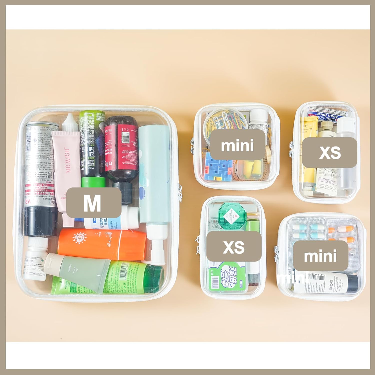 5 pcs Clear Zipper Pouches, Toiletry Bag for Travel, Stackable Waterproof Diaper Bag, Zipper Pouch, Travel Organizer, Clear Cosmetic Bag,Toy Storage Bins (M + 2Mini + 2XS)-FemmiqueWomen