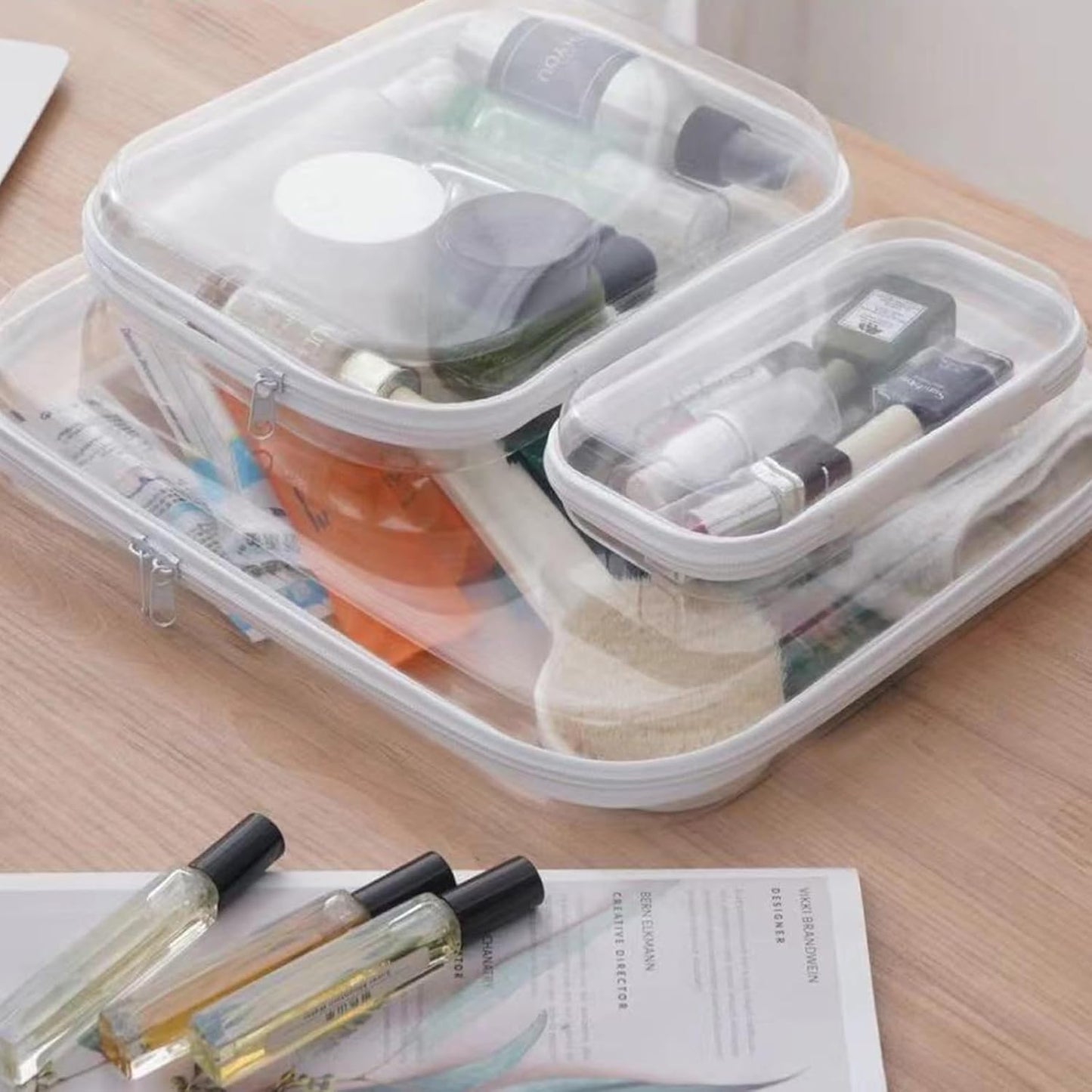 【6-Pack】 Clear Hard Shell Zipper Case Set | Durable Travel Pouches for Toiletries, Makeup Storage Organizer, Toy Storage Box | Transparent Cosmetic Bags with Zipper for Organization (white)-FemmiqueWomen