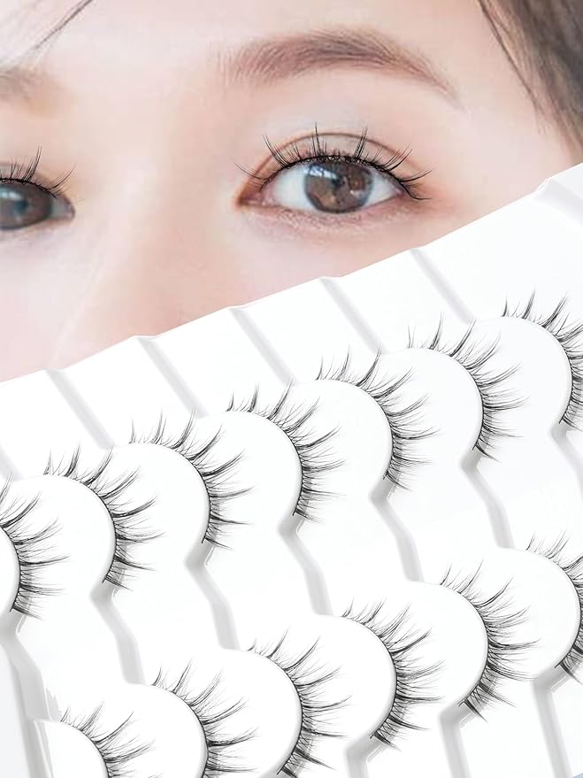 Manga Lashes Natural False Eyelashes 10MM Short Anime Lashes Thin Band Korean Lashes 3D Volume Strip Lashes Wispy Manhua Eyelashes 7 Pair Asian Lashes Siligli-FemmiqueWomen