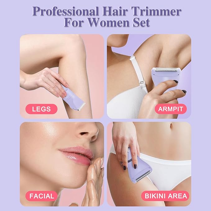 3-in-1 Bikini Trimmer for Women, IPX7 Waterproof Electric Shaver for Women-Rechargeable Electric Razors for Pubic, Facial & Body Hair Trimmer with LED Display, Travel Kit & Painless Blades (Purple)-FemmiqueWomen