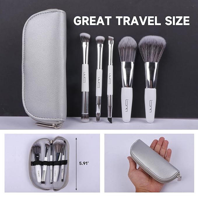 Travel Makeup Brushes Set w/Pouch, 5PCS Double Ended Portable Mini Cosmetic Brushes Kit for Foundation, Eyeshadow, Lip, Blush Make Up Brushes Professional(White)-FemmiqueWomen