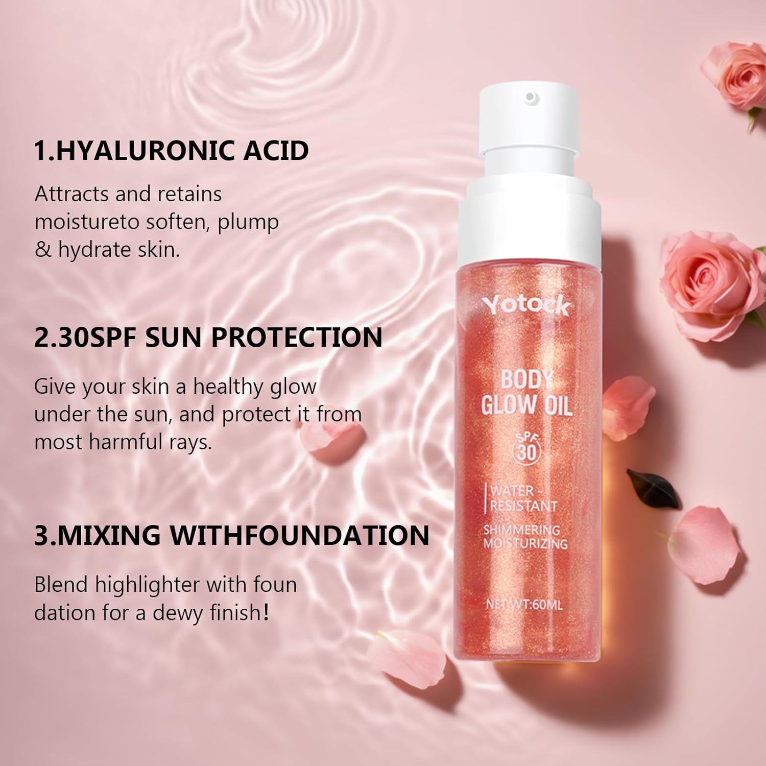 Body Glow Oil, SPF30 Moisturizing Body Oil Shimmer Rose Gold Mica Sunscreen,Coconut Glitter Body Oils for Women Nourishes Dry Skin, Lightweight, Moisturizer and Water Resistant 3.38 fl oz-FemmiqueWomen