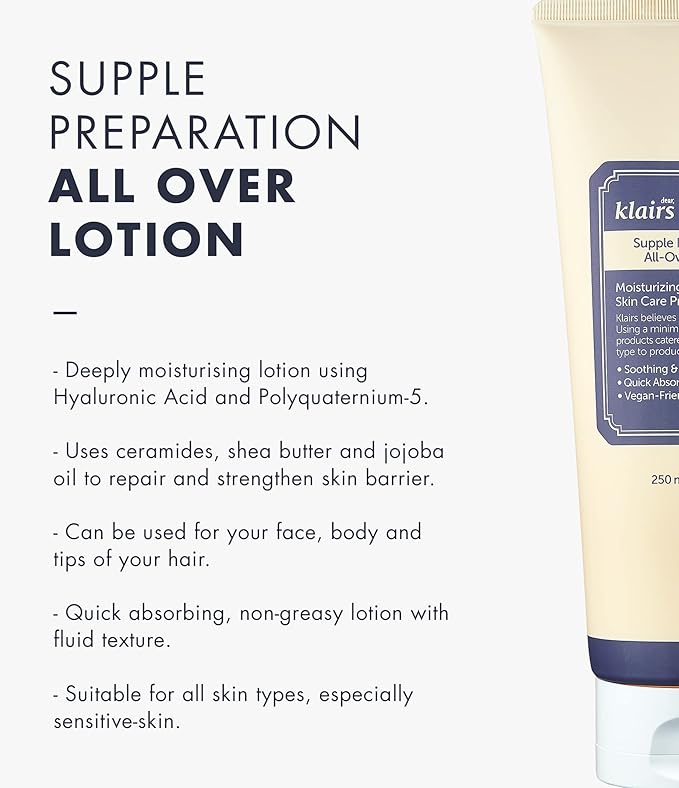 DearKlairs] Supple Preparation All-over lotion, Daily face and body moisturizer, for sensitive skin, Essential oil Free, Artificial fragrance free,250ml, 8.45oz-FemmiqueWomen